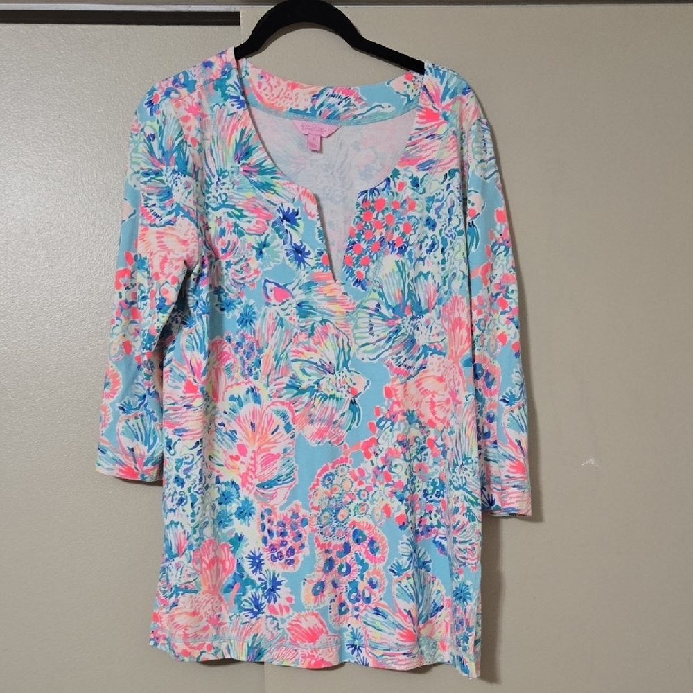 Lilly Pulitzer Multicolor Tropical Fish Patterned Top Pink Label Size Medium